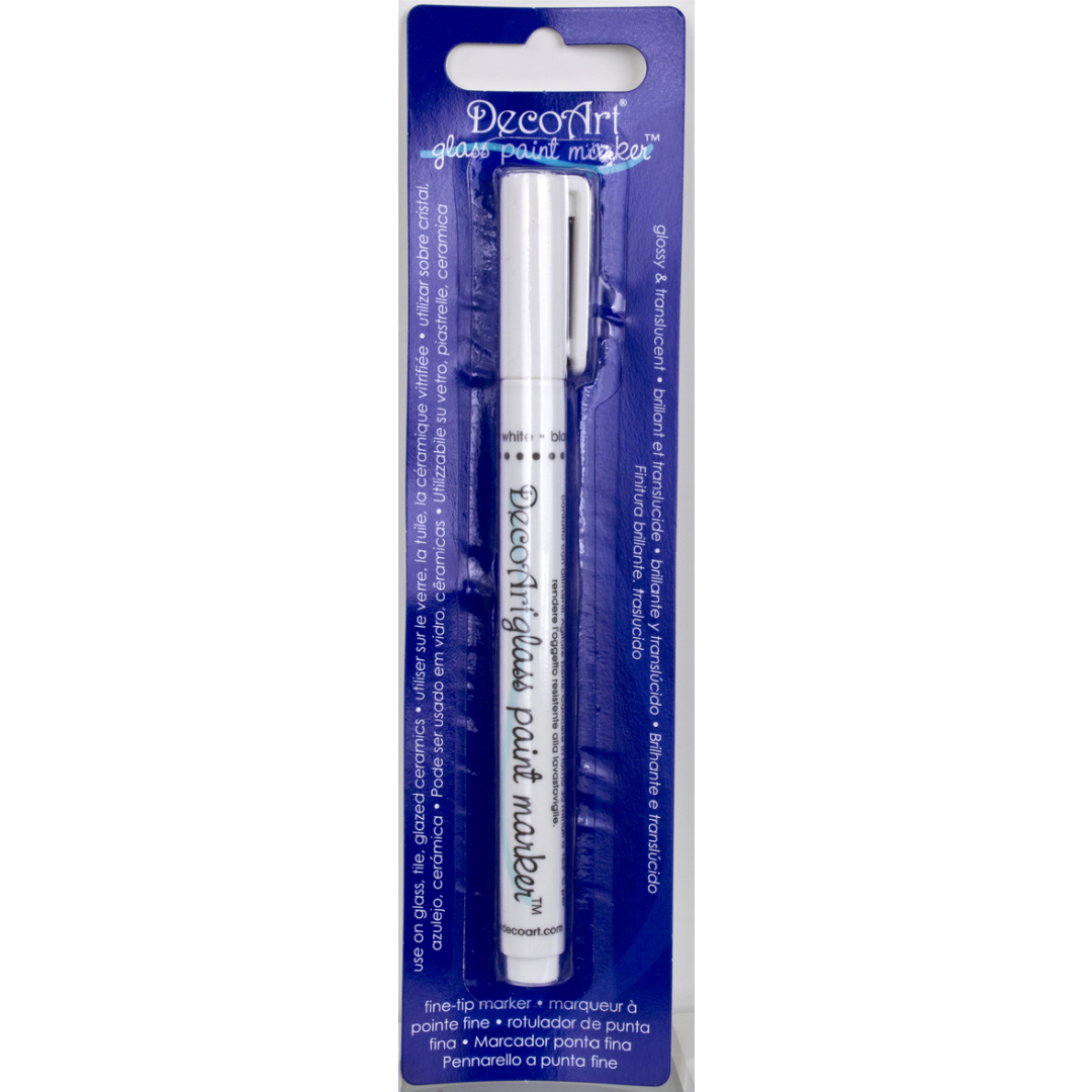 Fuchsia transparent glass paint markers by DecoArt, featuring fine tips for detailed artwork on glass surfaces.