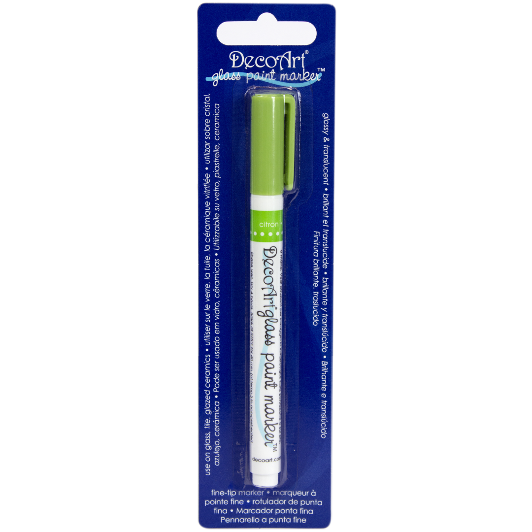 Fuchsia transparent glass paint markers by DecoArt with fine tips for detailed designs on glass surfaces.