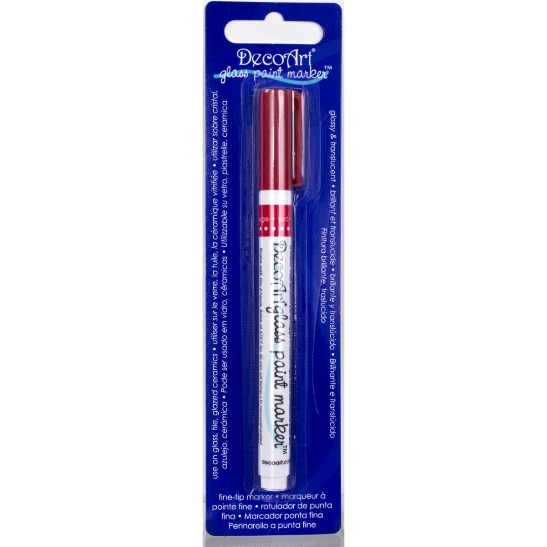 Fuchsia transparent glass paint markers by DecoArt, featuring fine tips for detailed artwork on glass surfaces