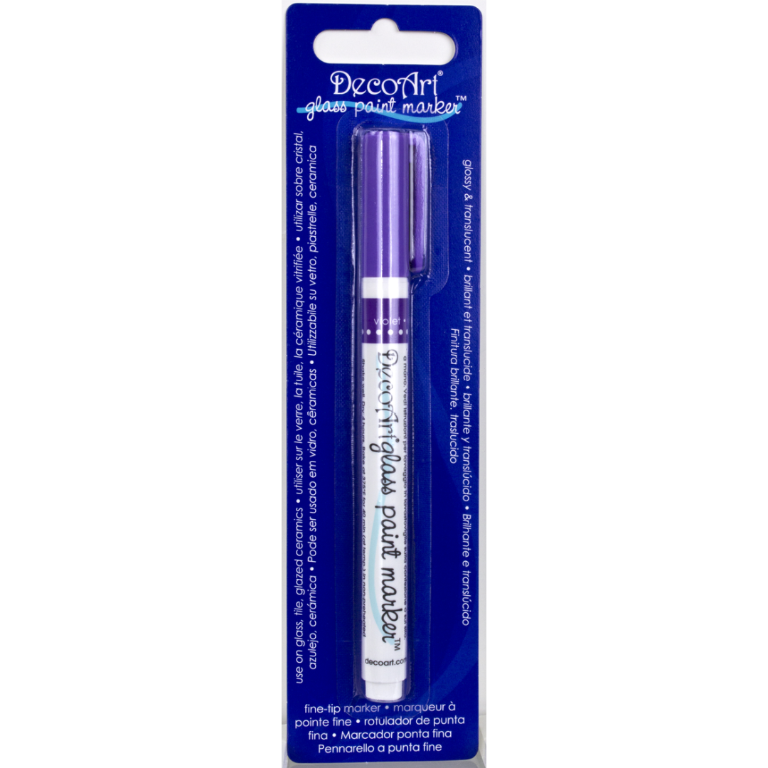 Fuchsia transparent glass paint markers by DecoArt, featuring fine tips for detailed decorating on glass surfaces.