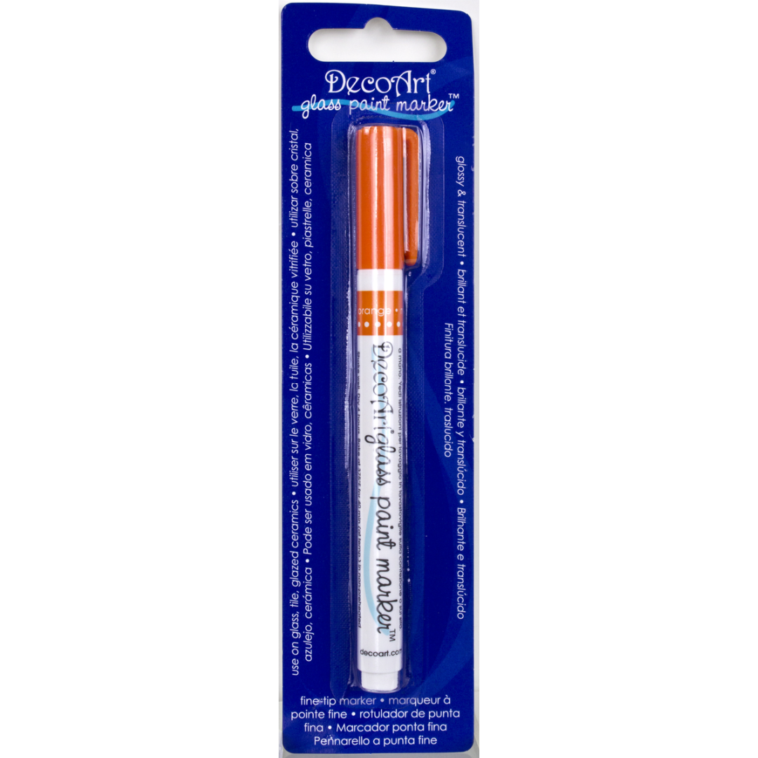 Fuchsia transparent glass paint markers by DecoArt, featuring fine tips for detailed glass surface artwork.