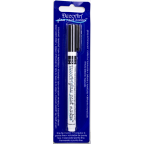 DecoArt transparent glass paint markers in fuchsia, showing fine tip and glass surface for detailed artwork and decorating.