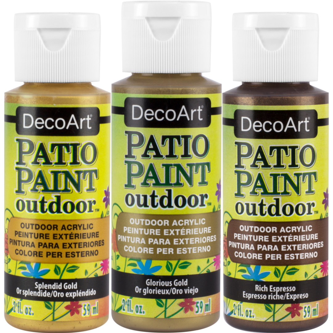 DecoArt Patio Paint Outdoor Acrylics in Glorious Gold, metallic finish, 2 oz bottle for outdoor craft projects.