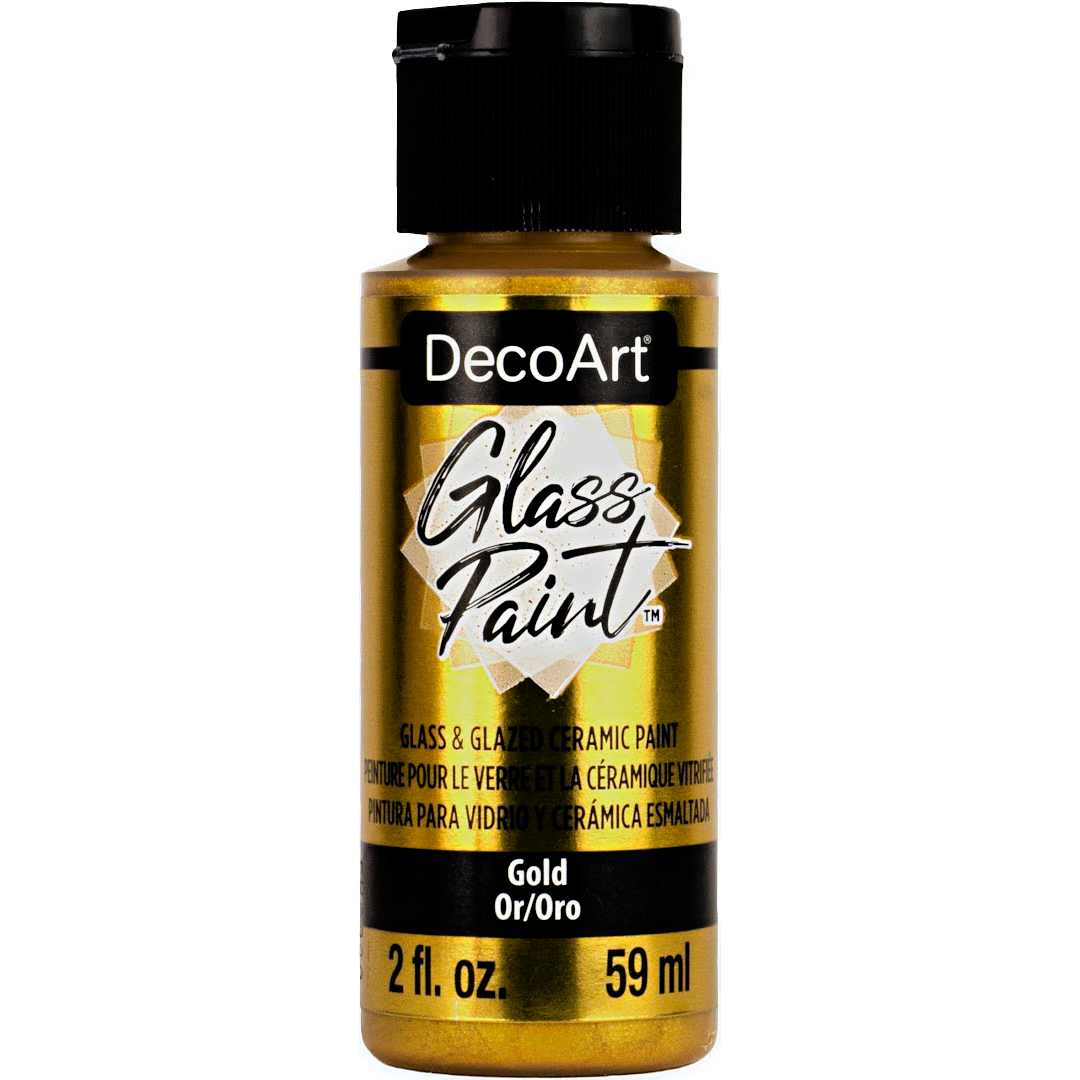 DecoArt Glass Paint Metallics in gold, 2 oz bottle, vibrant metallic finish for glass art and craft projects.