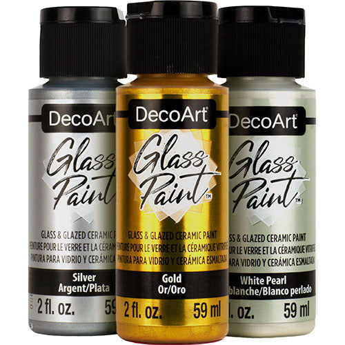 DecoArt Glass Paint Metallics in gold, 2 oz bottle, with vibrant metallic finish for glass and craft projects.