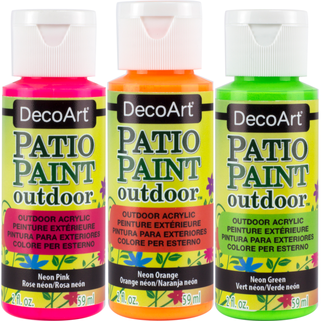 DecoArt Neon Pink Patio Paint outdoor acrylic paint in 2 oz bottle, vibrant neon color for outdoor craft projects
