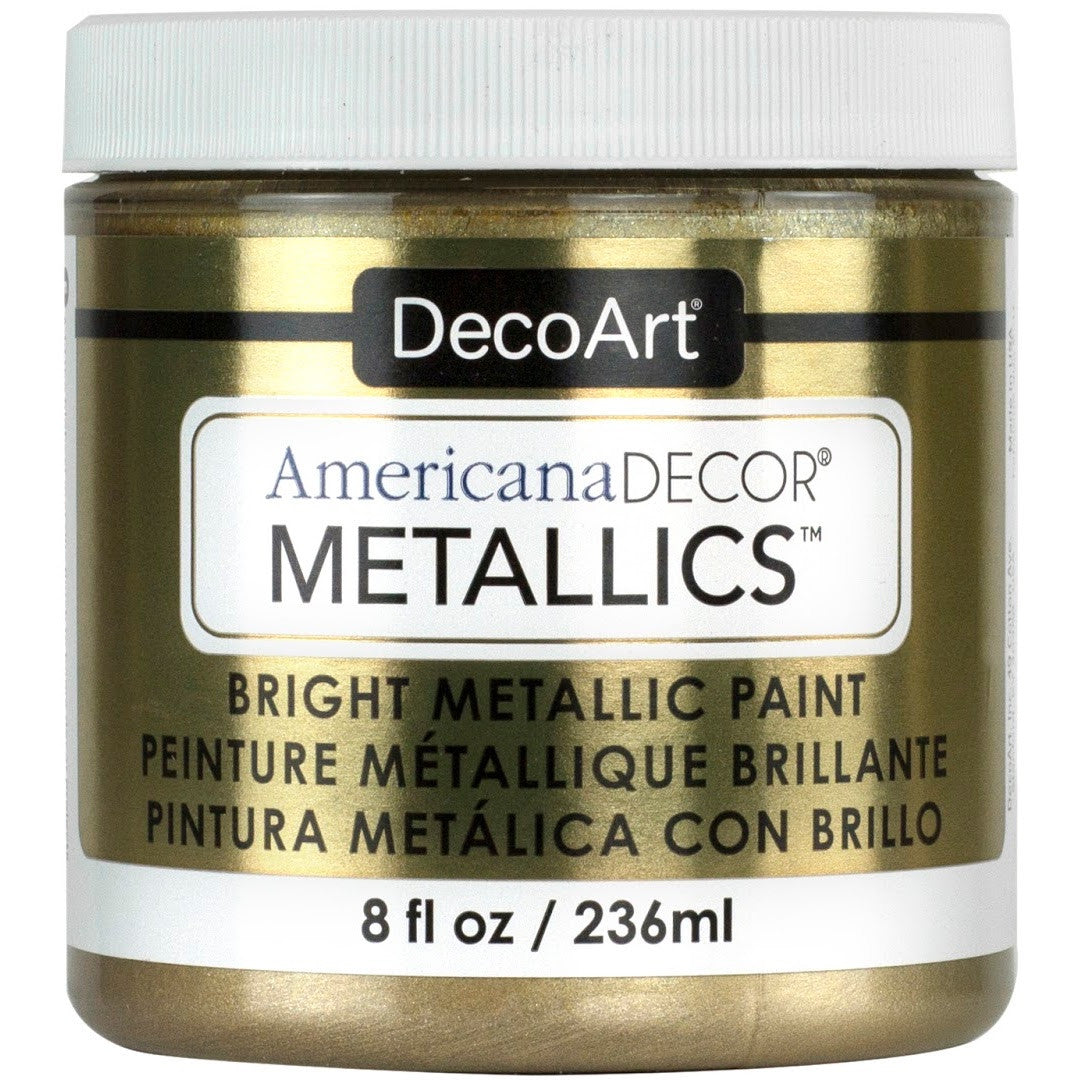 DecoArt Americana Decor Metallics pearl finish in an 8 oz bottle, showcasing shiny, metallic paint suitable for crafts and home decor.
