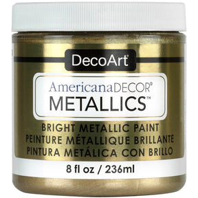 DecoArt Americana Decor Metallics pearl finish in an 8 oz bottle, showcasing shiny, metallic paint suitable for crafts and home decor.