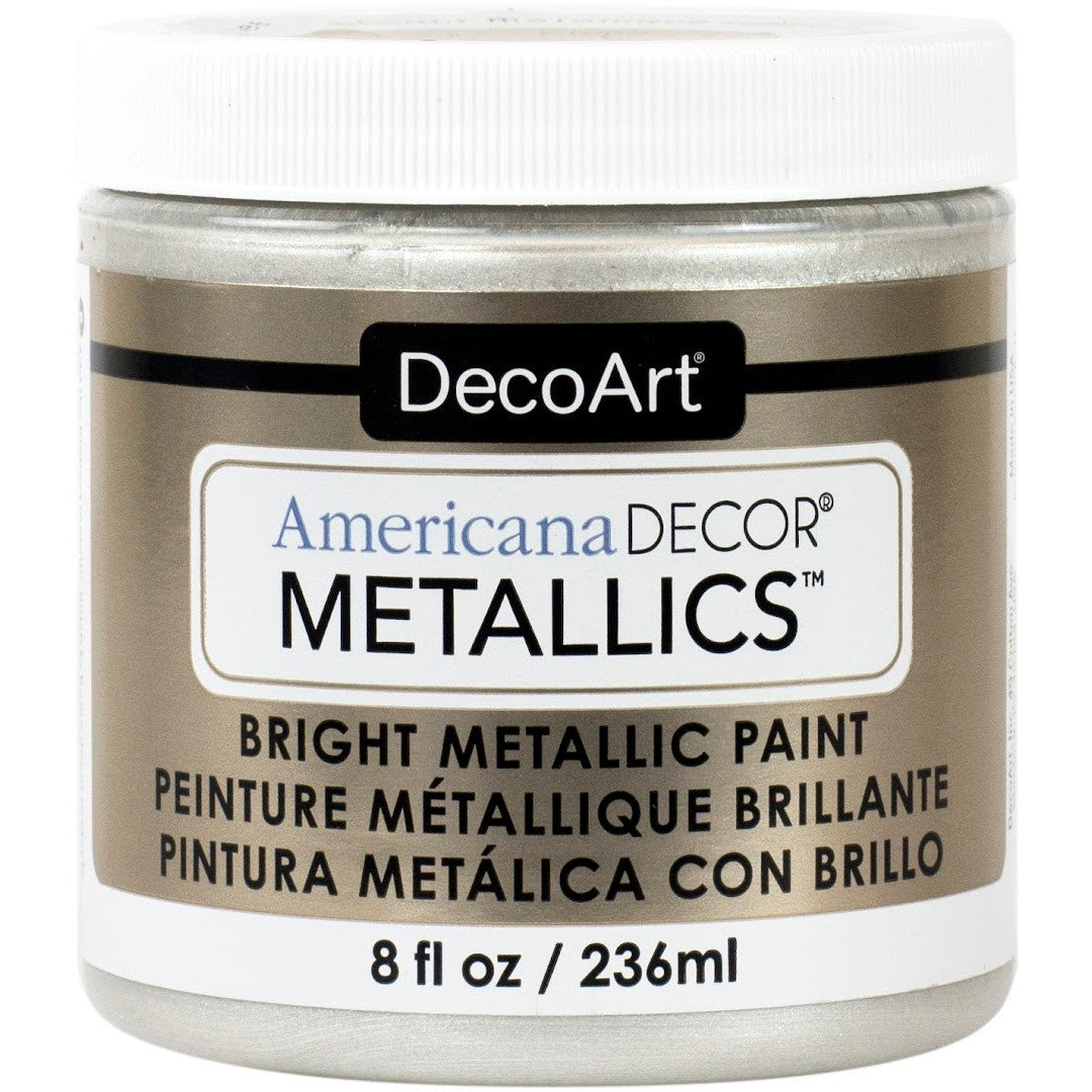 DecoArt Americana Decor Metallics pearl finish in an 8 oz bottle with metallic silver paint for arts and crafts projects