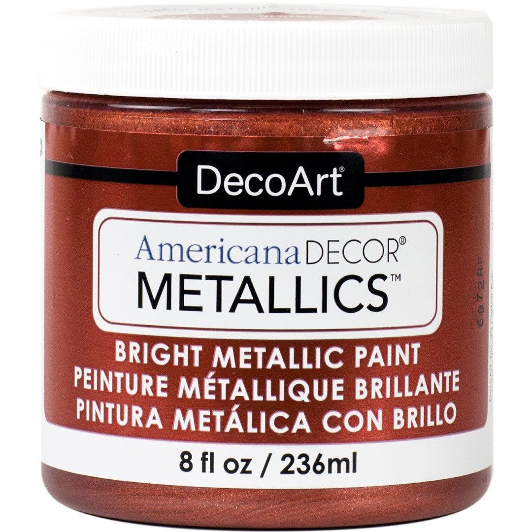 DecoArt Americana Decor Metallics pearl finish in 8 oz bottle, showcasing shiny, reflective metallic paint for crafts and home decor.