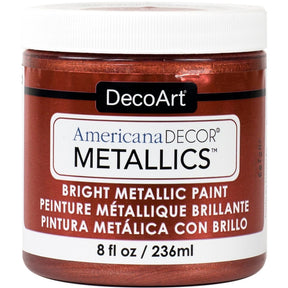 DecoArt Americana Decor Metallics pearl finish in 8 oz bottle, showcasing shiny, reflective metallic paint for crafts and home decor.