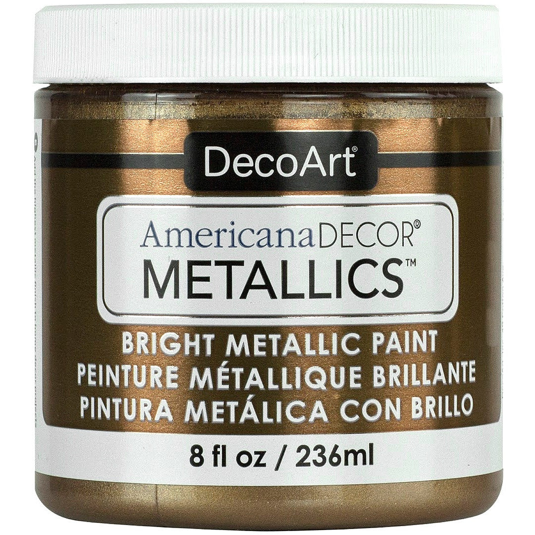 DecoArt Americana Decor Metallics pearl paint in 8 oz jar with silver metallic finish, suitable for craft and home decor projects.