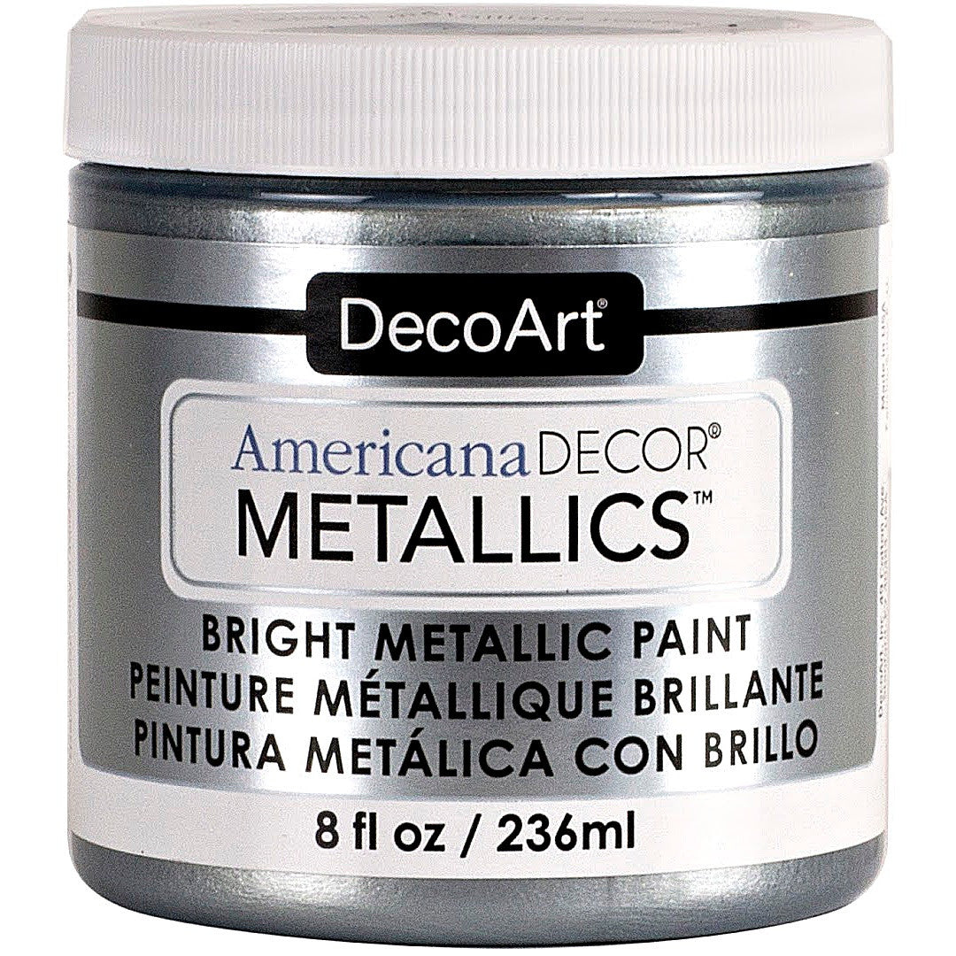 8 oz bottle of DecoArt Americana Decor Metallics in pearl finish, featuring metallic paint with a shimmering pearl effect.
