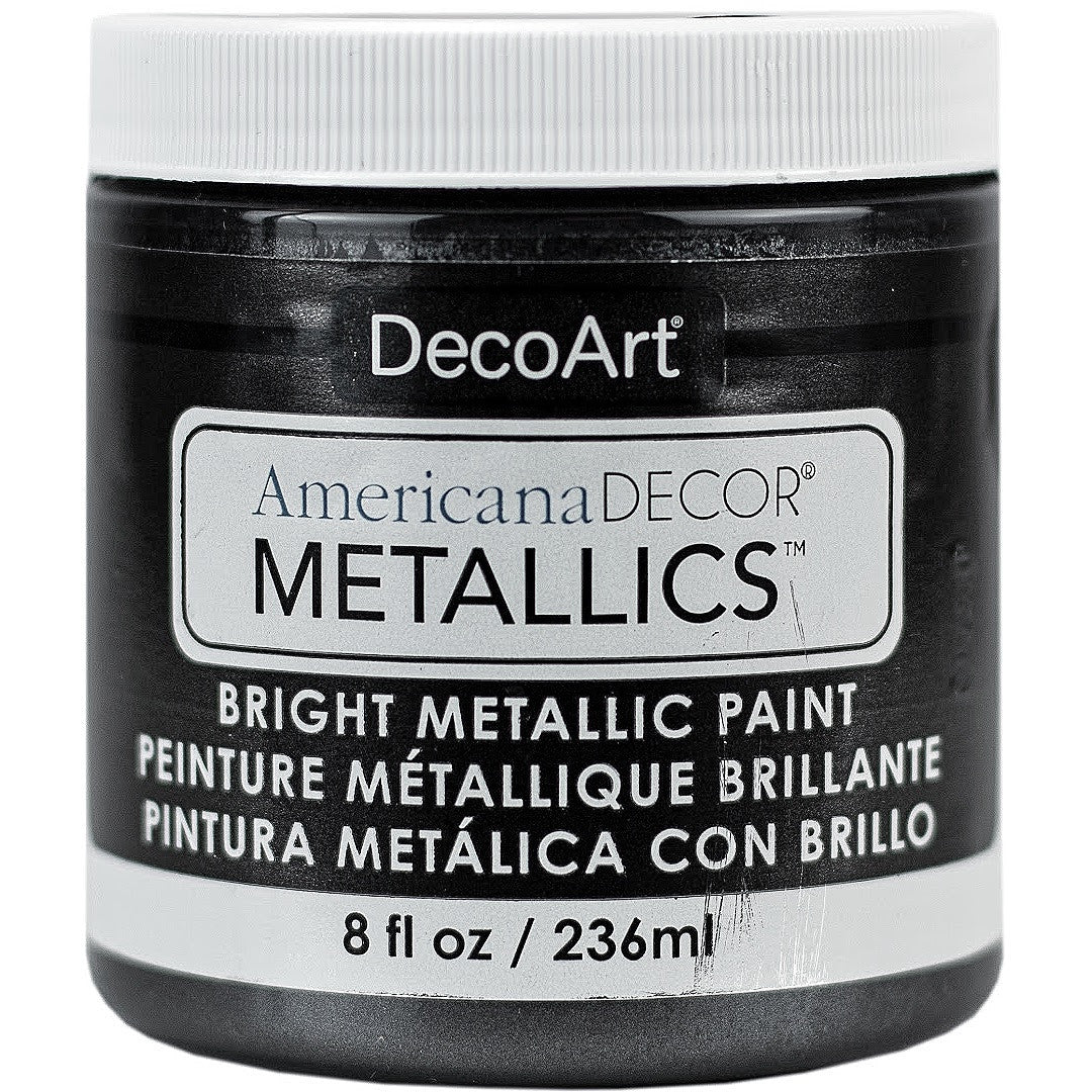 8 oz bottle of DecoArt Americana Decor Metallics Pearl paint, showcasing a shiny metallic finish for crafts and home decor projects.