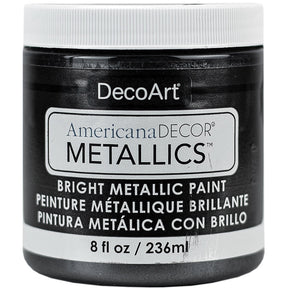8 oz bottle of DecoArt Americana Decor Metallics Pearl paint, showcasing a shiny metallic finish for crafts and home decor projects.