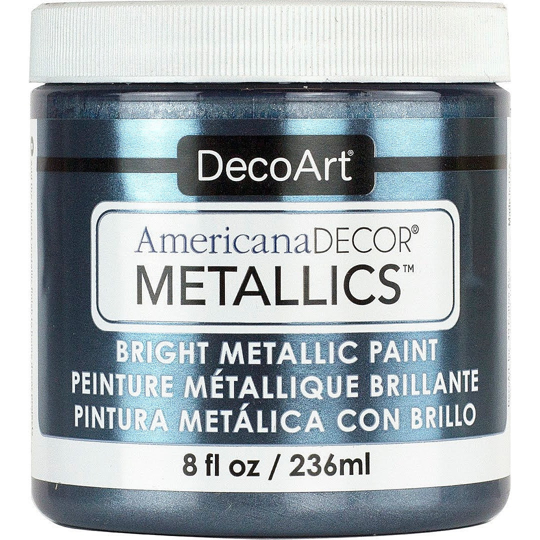 DecoArt Americana Decor Metallics pearl paint in 8 oz bottle, showcasing shiny metallic finish for arts and crafts projects.
