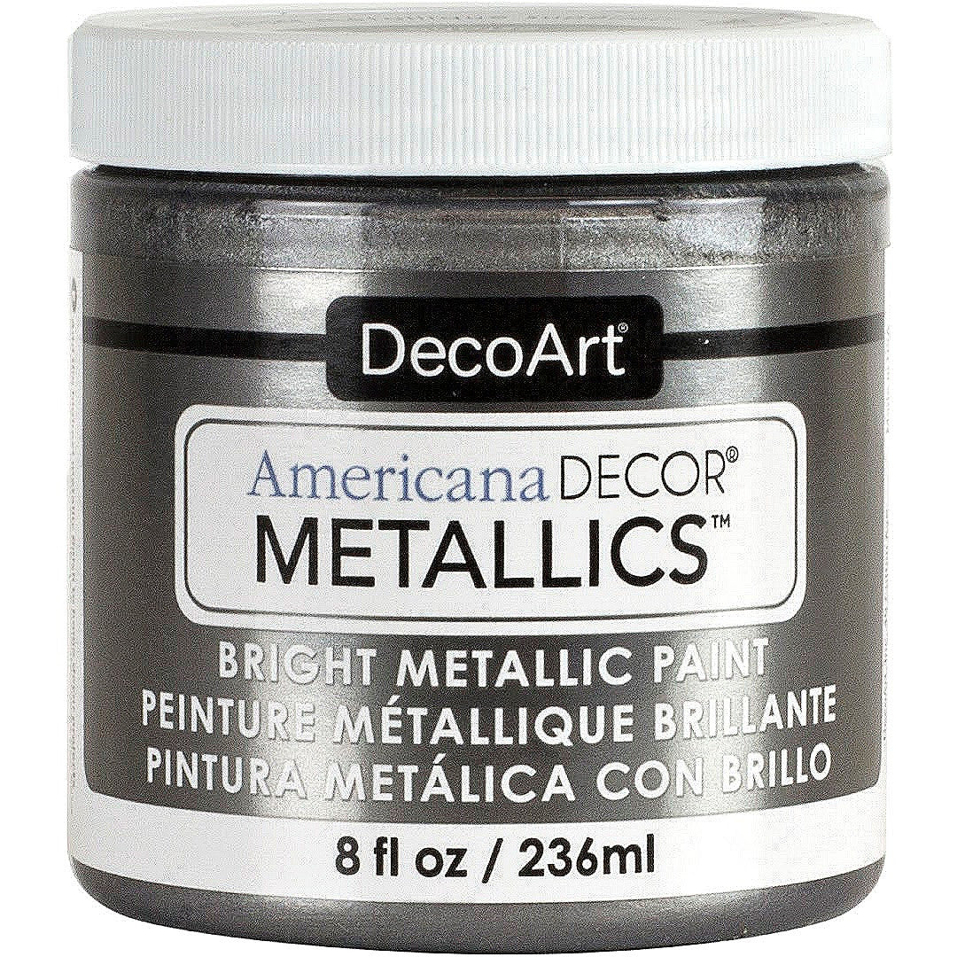 DecoArt Americana Decor Metallics pearl finish paint in an 8 oz bottle, showcasing its smooth, shimmering metallic surface.