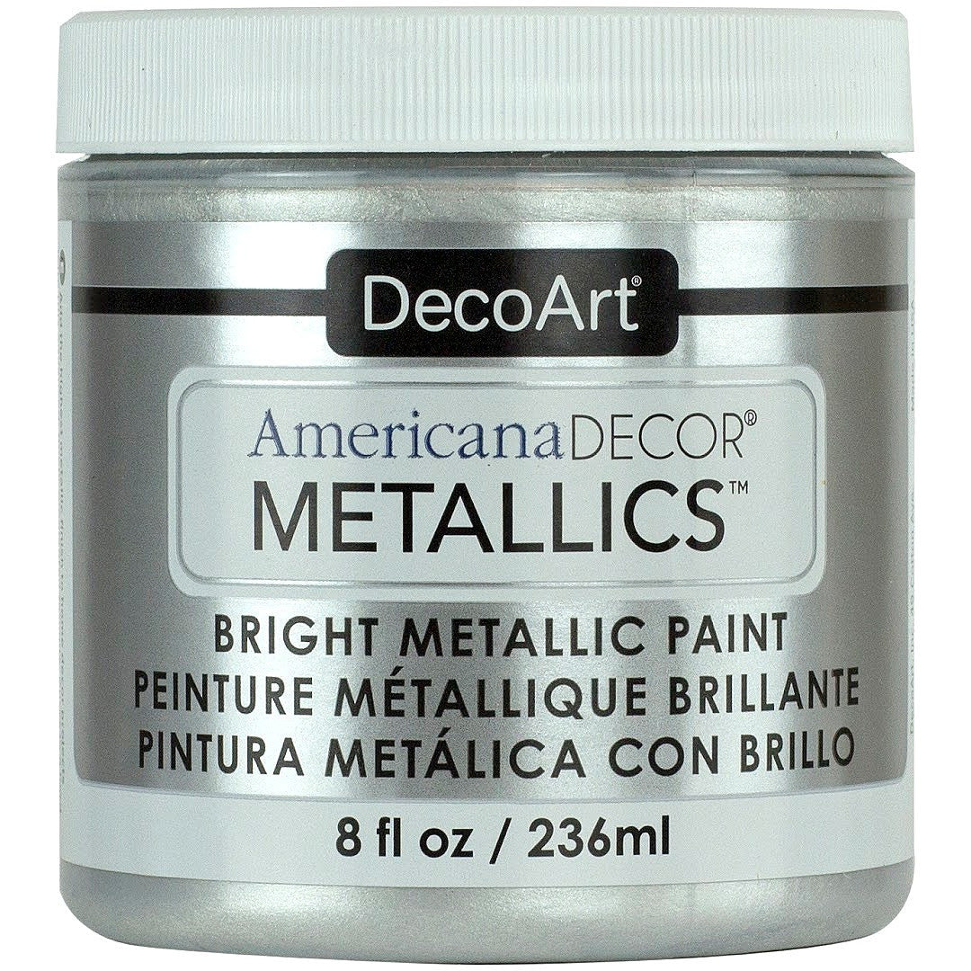 DecoArt Americana Decor Metallics pearl finish in an 8 oz bottle, showcasing a shiny metallic paint ideal for craft and home decor projects.