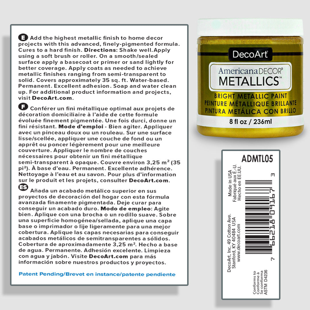 DecoArt Americana Decor Metallics pearl finish in an 8 oz bottle, showcasing a shiny metallic paint suitable for craft projects.