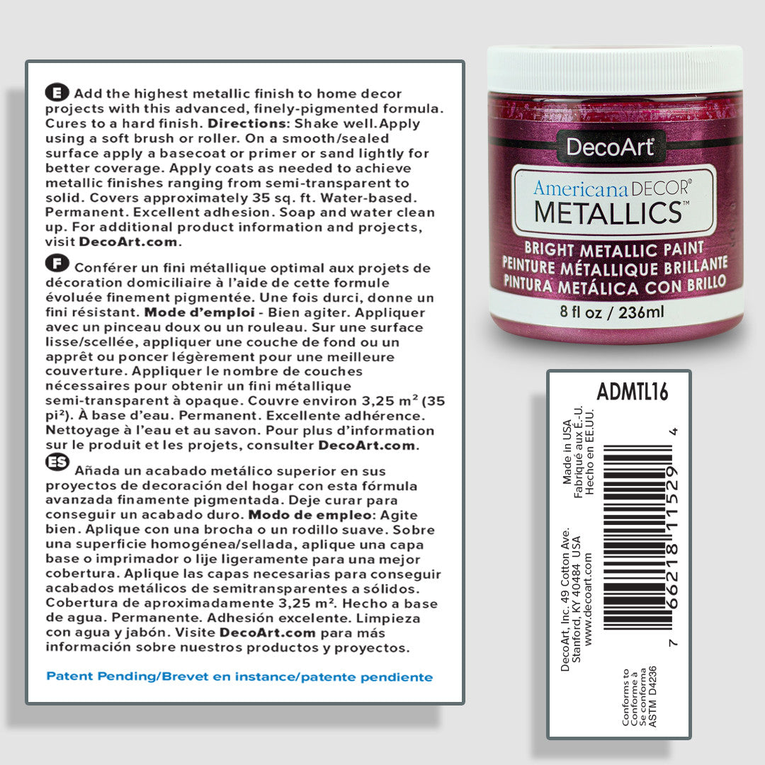 8 oz bottle of DecoArt Americana Decor Metallics Pearl paint featuring a shimmering metallic finish on a white background.