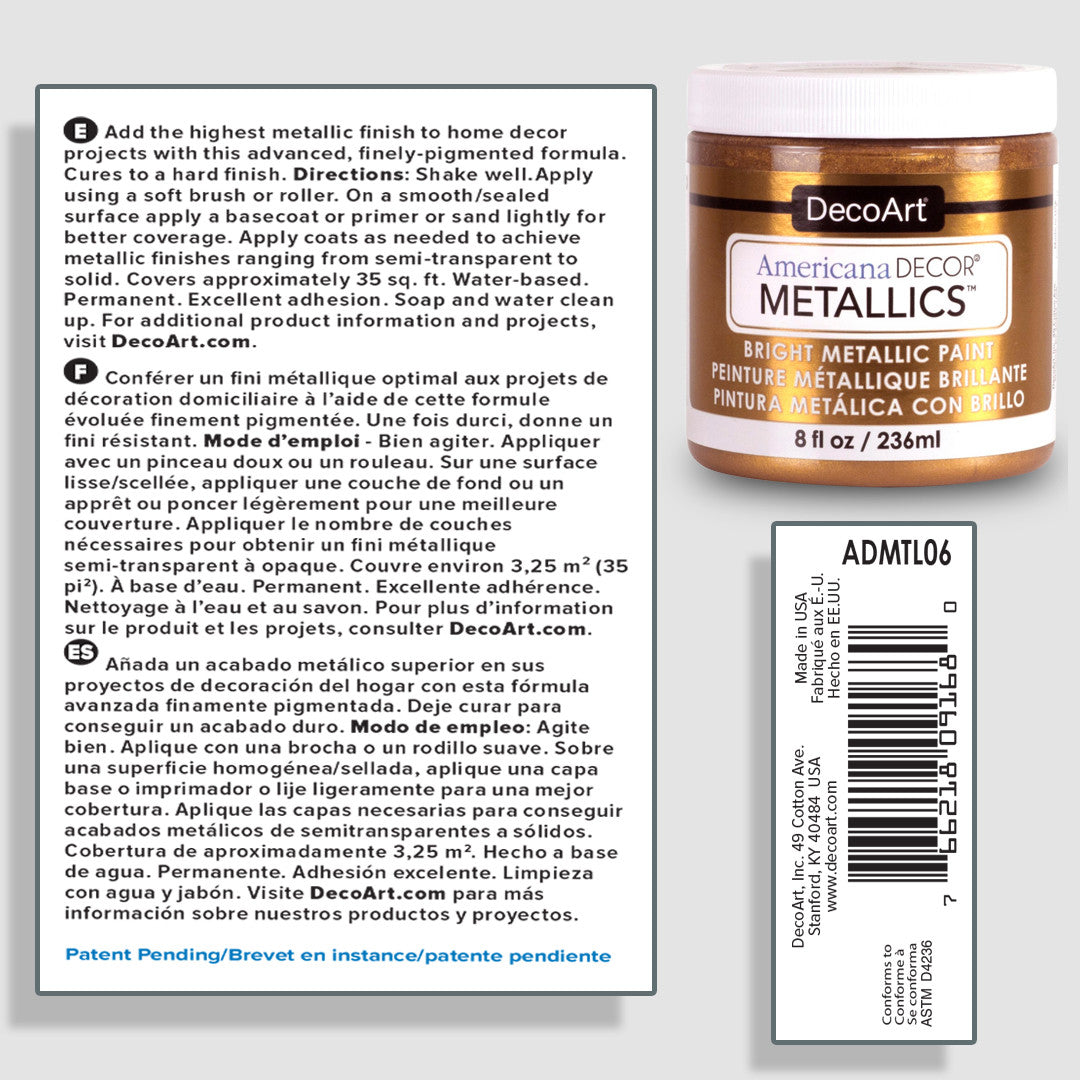 DecoArt Americana Decor Metallics pearl finish in an 8 oz bottle, showcasing a shiny, metallic paint suitable for craft and home projects.