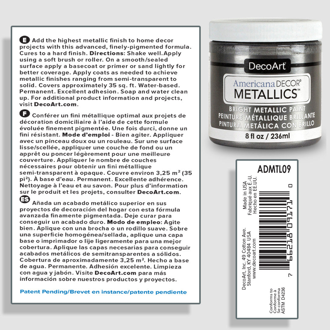 DecoArt Americana Decor Metallics pearl paint container, 8 oz, with metallic silver finish and label showing product details.