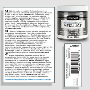 DecoArt Americana Decor Metallics pearl paint container, 8 oz, with metallic silver finish and label showing product details.