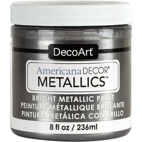 DecoArt Americana Decor Metallics pearl finish paint in an 8-ounce bottle, showcasing a shimmering metallic paint with a pearl sheen.