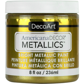 DecoArt Americana Decor Metallics pearl finish in an 8 oz bottle, showcasing a shiny, metallic paint suitable for arts and crafts projects.