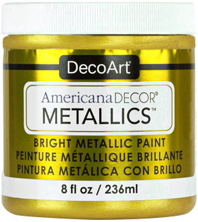 DecoArt Americana Decor Metallics in pearl finish, 8 oz bottle, showcasing shiny, metallic paint for craft and home decor projects.