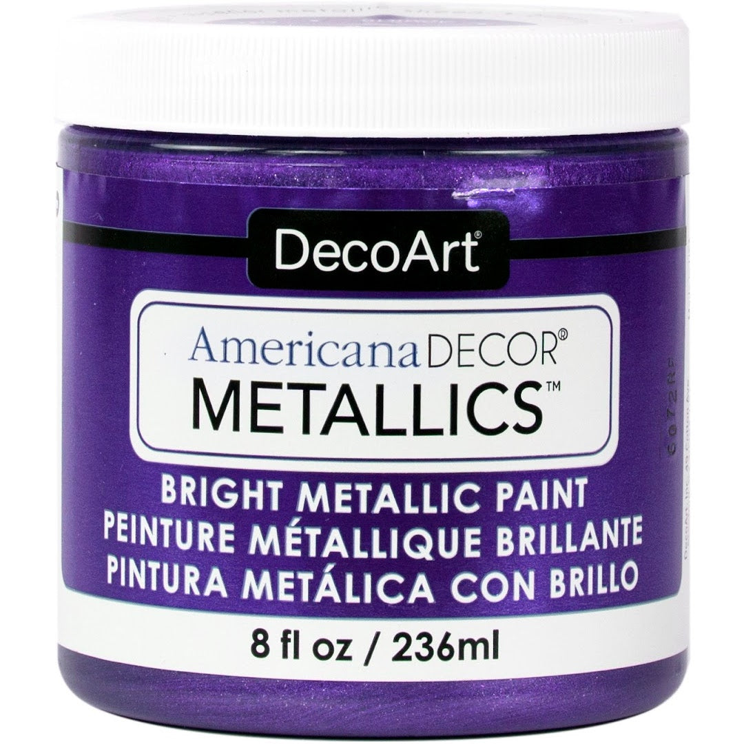 DecoArt Americana Decor Metallics pearl finish in an 8 oz bottle, showcasing a shiny, metallic silver paint suitable for craft projects.
