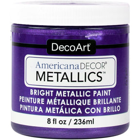 DecoArt Americana Decor Metallics pearl finish in an 8 oz bottle, showcasing a shiny, metallic silver paint suitable for craft projects.