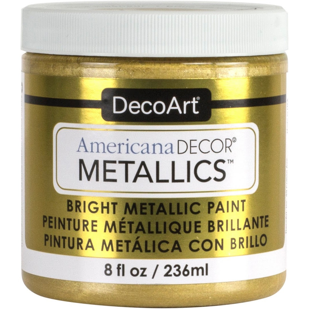 DecoArt Americana Decor Metallics pearl finish in an 8 oz bottle, showcasing a shiny, reflective metallic paint for crafts and decor projects.