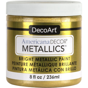 DecoArt Americana Decor Metallics pearl finish in an 8 oz bottle, showcasing a shiny, reflective metallic paint for crafts and decor projects.