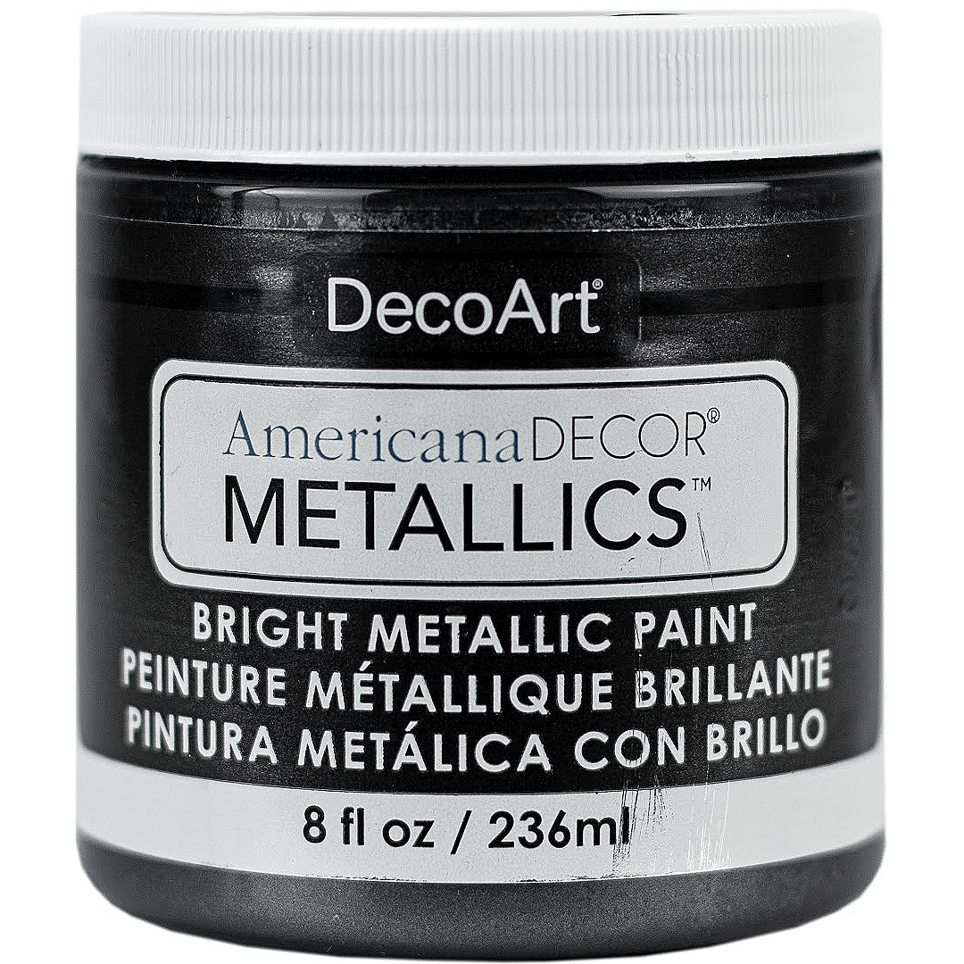 Decorative Americana Decor Metallics paint in pearl finish by DecoArt, shown in an 8 oz bottle.