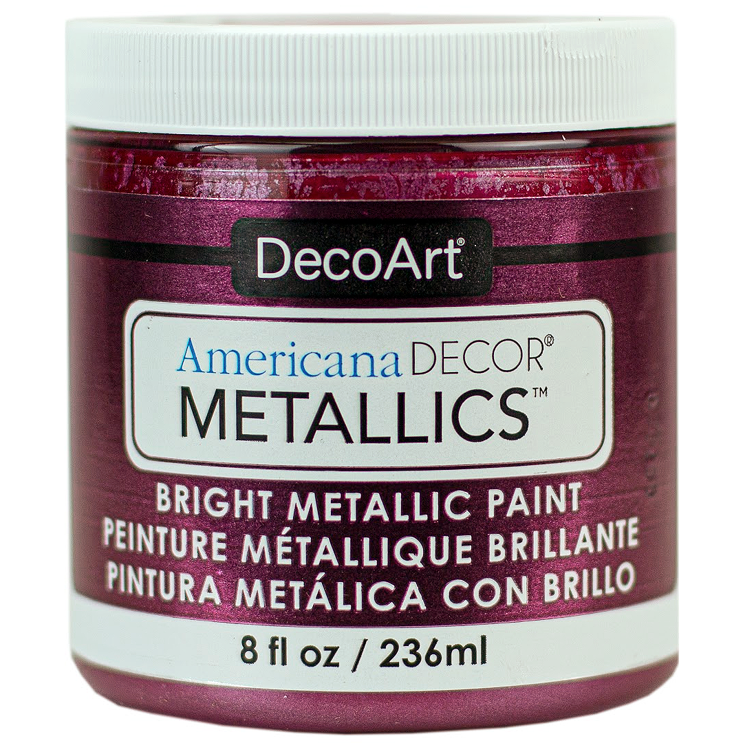 DecoArt Americana Decor Metallics pearl acrylic paint in 8 oz bottle with metallic finish and smooth texture.