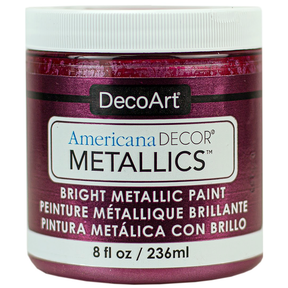 DecoArt Americana Decor Metallics pearl acrylic paint in 8 oz bottle with metallic finish and smooth texture.