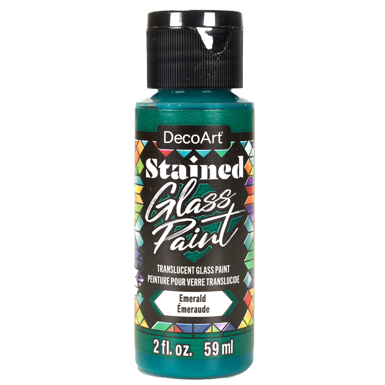 Red stained glass paint by DecoArt in a 2oz bottle, suitable for decorating stained glass projects and craft artwork.