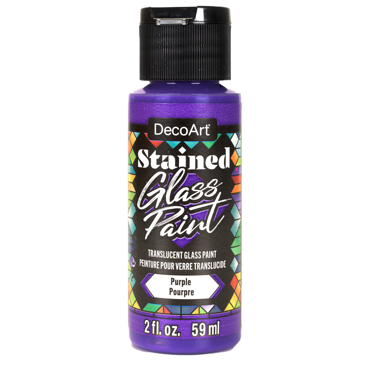 Red stained glass paint by DecoArt in a 2oz bottle, suitable for creating vibrant stained glass art projects.