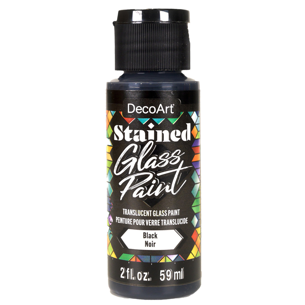 Red stained glass paint by DecoArt in a 2oz bottle, suitable for creating vibrant stained glass art projects.