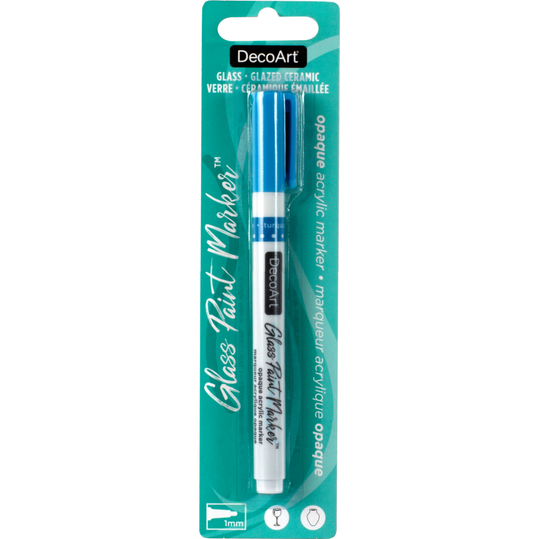 Silver opaque glass paint markers by DecoArt, featuring a fine tip for detailed artwork on glass surfaces.