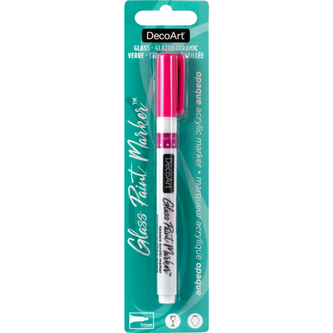 DecoArt silver opaque glass paint markers with fine tips for decorating glass surfaces and creating detailed designs.