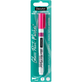 DecoArt silver opaque glass paint markers with fine tips for decorating glass surfaces and creating detailed designs.