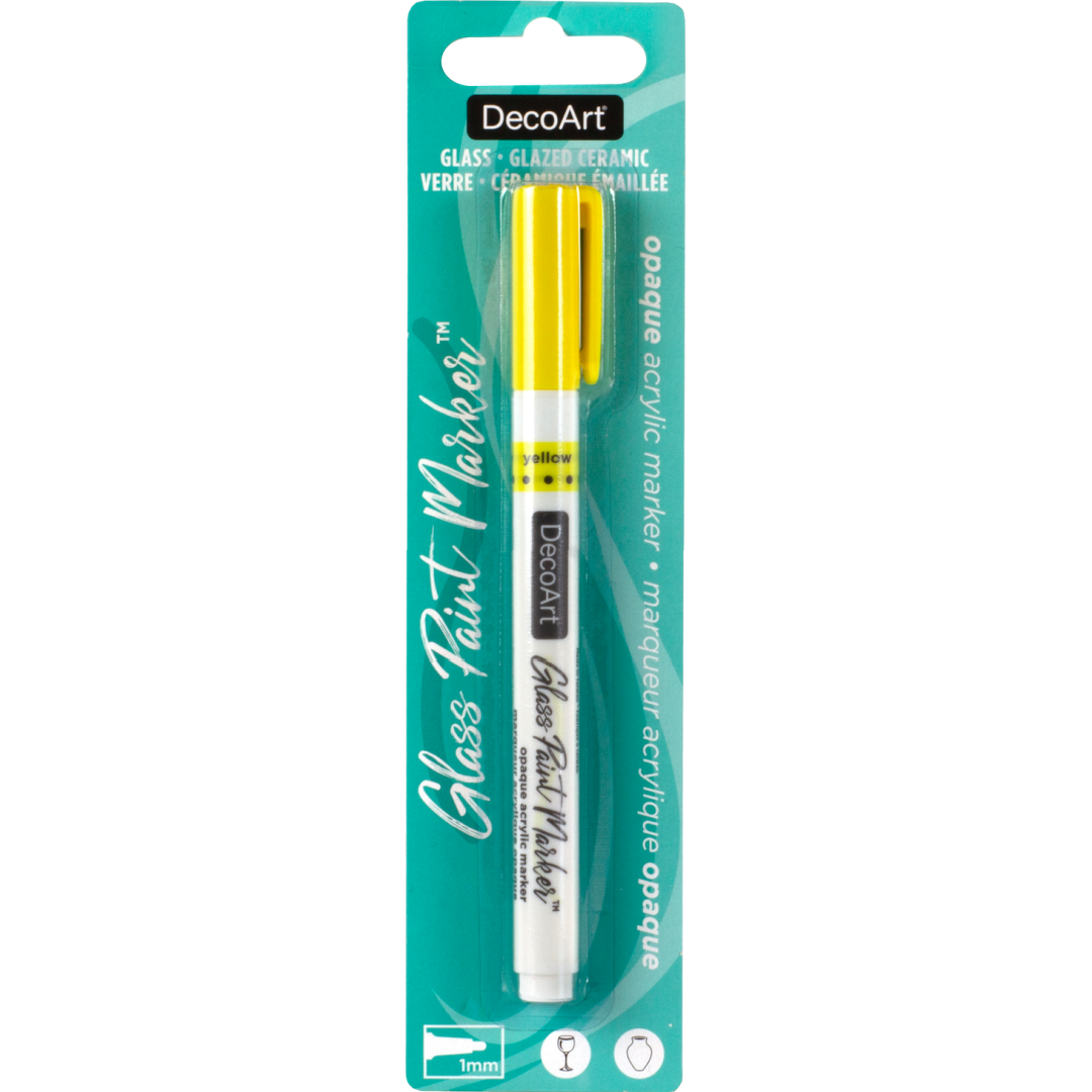 Silver opaque glass paint markers by DecoArt shown on a white background, ideal for decorating glass surfaces with vibrant, opaque color.