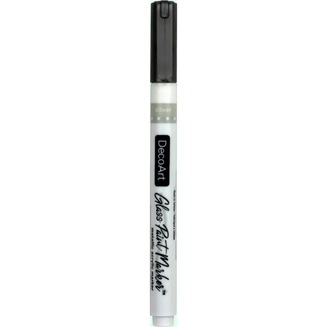 DecoArt opaque silver glass paint markers showing fine tip and vibrant silver ink for decorating glass surfaces.