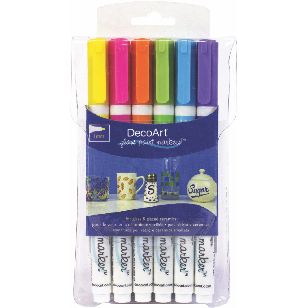 DecoArt opaque silver glass paint markers, fine tip for detailed decorating on glass surfaces, vibrant and easy to use.
