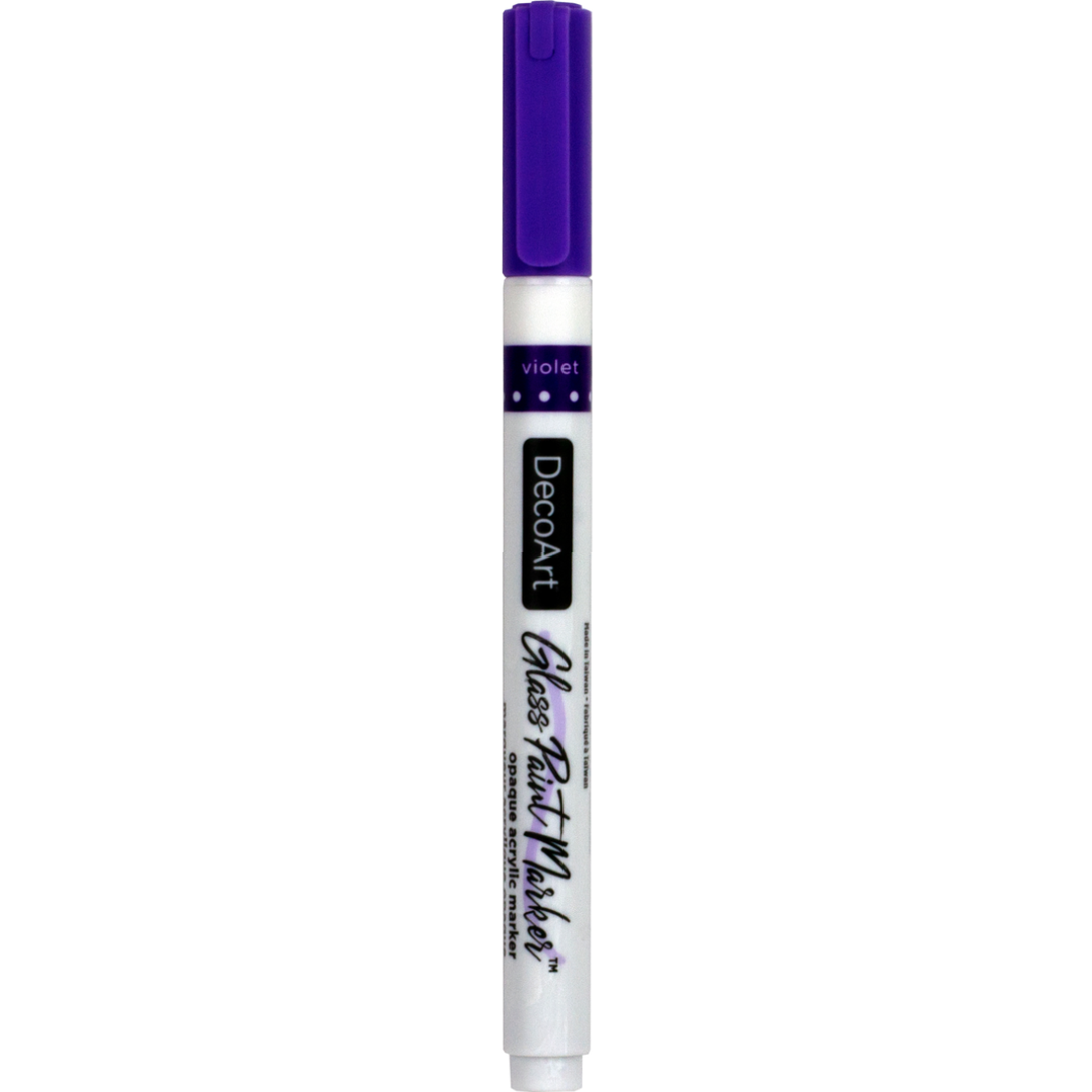 DecoArt silver opaque glass paint markers with fine tips, ideal for decorating glass surfaces and creating detailed designs.