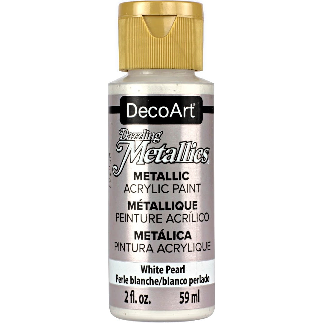 White Pearl Dazzling Metallics acrylic paint by DecoArt, 2 oz, with a shimmering metallic finish.