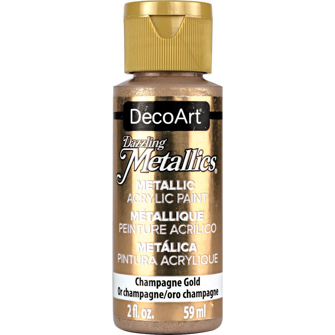 White Pearl Dazzling Metallics acrylic paint by DecoArt in a 2 oz bottle showing a shiny metallic finish