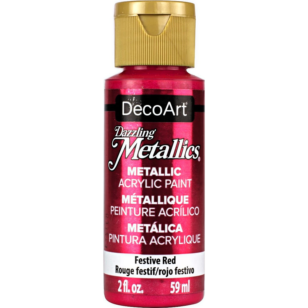 White pearl Dazzling Metallics paint by DecoArt in a 2 oz jar, showcasing a shimmering metallic finish.